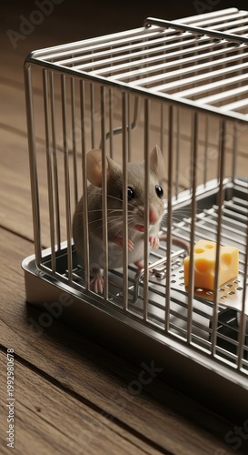 Curious Chinchilla Inside a Metal Cage with Cheese.
