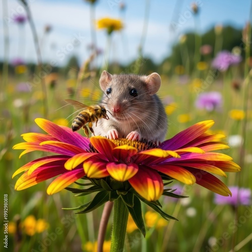Curious Mouse and Bee Perched on a Colorful Flower.