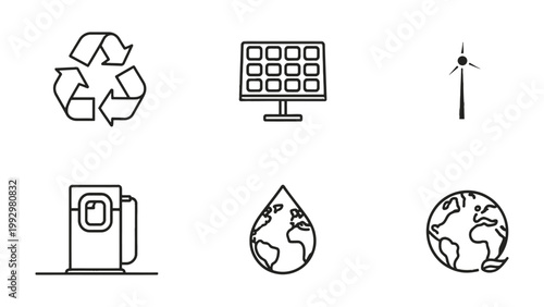 Eco-Friendly Icons: A visual collection of eco-friendly symbols, showcasing renewable energy and sustainable practices in a clean, illustrative style.