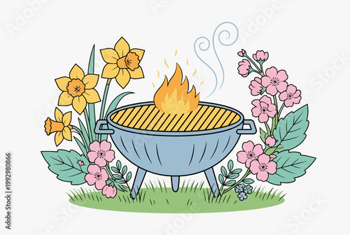 Spring Barbecue Grill with Flowers Daffodils Cherry Blossoms BBQ Picnic Garden Party Outdoor Cooking Cartoon Vector Illustration