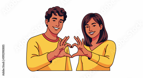 Couple making heart shape with hands vector illustration. Young man and woman showing love gesture. Romantic connection symbol for relationships and affection.