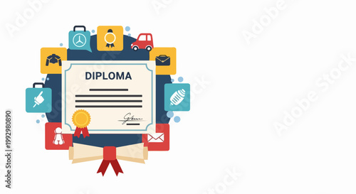 Vector diploma with graduation cap and icons representing various life achievements and career paths. Education success concept for academic awards and personal growth.