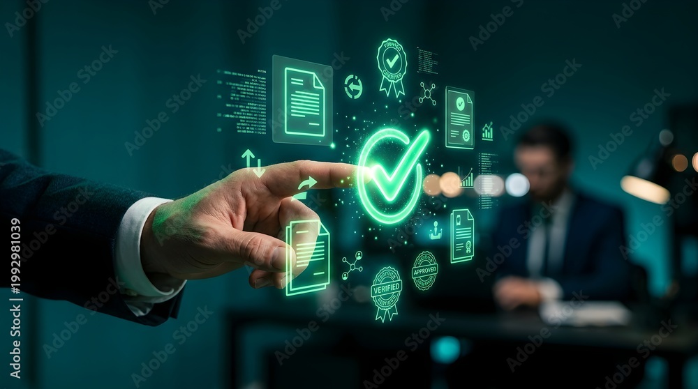 Obraz premium Businessman Using Virtual Security Interface for Data Protection in Office Environment, Technology Concept, Close-Up View