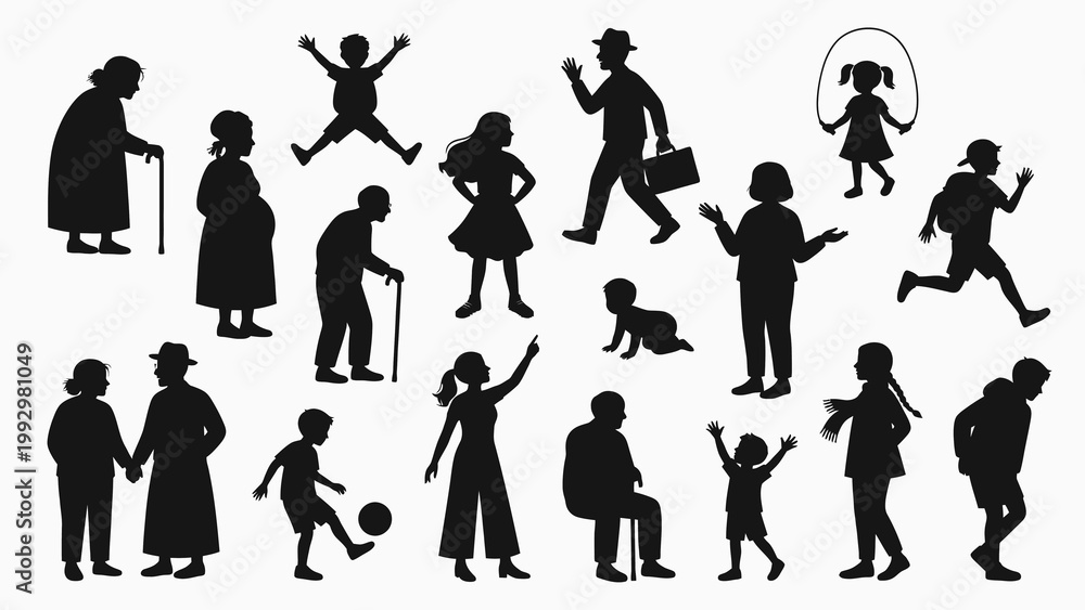 Fototapeta premium Diverse People Life Silhouettes Family Elderly Child Jumping Walking Playing Pointing Crawling Vector Black Set
