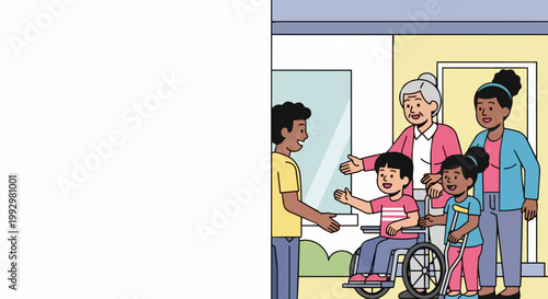 Diverse family welcoming child in wheelchair, vector illustration for inclusivity and community themes. for branding, packaging, banner, poster, website header, and social media design use