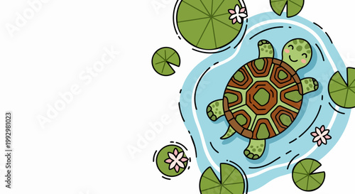 turtle swimming in pond with lily pads, vector illustration for childrens books and nature themes. for branding, packaging, banner, poster, website header, and social media design use