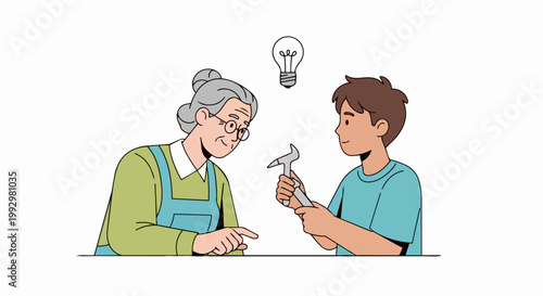 Grandmother teaching grandson how to use tools, vector illustration. Idea generation and learning concept for educational materials and creative projects.
