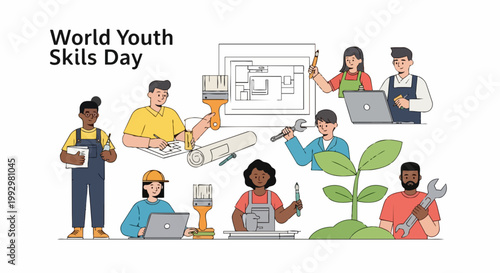 World Youth Skills Day vector illustration showing diverse people engaged in various trades and professions, celebrating vocational training and career development.