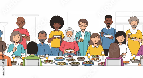 Diverse group of people enjoying a shared meal together, vector illustration. Community gathering for a festive dinner, celebrating togetherness and cultural exchange.