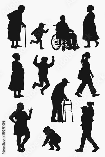 Diverse Inclusive People Silhouettes Elderly Child Pregnant Wheelchair Walker Jumping Celebrating Family Black Vector Set