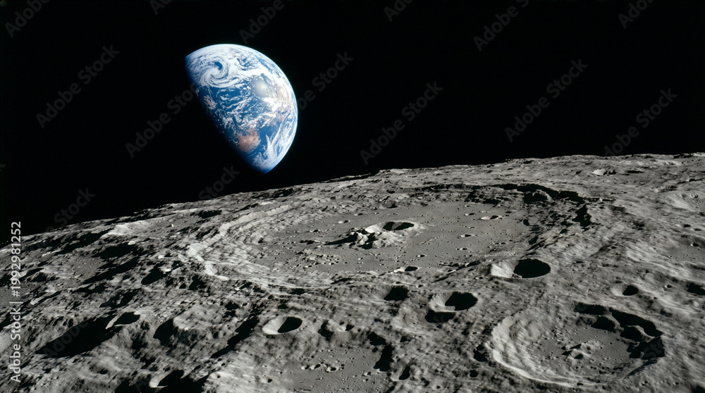 Fototapeta premium Planet Earth Rising Over Cratered Lunar Surface Viewed from Moon Orbit High Resolution Space Photography Style