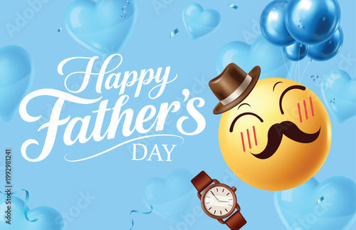 Happy Father's Day Greeting Card with Mustache Emoji Character Wristwatch and Blue Heart Balloons