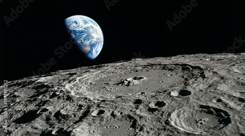 Planet Earth Rising Over Cratered Lunar Surface Viewed from Moon Orbit High Resolution Space Photography Style