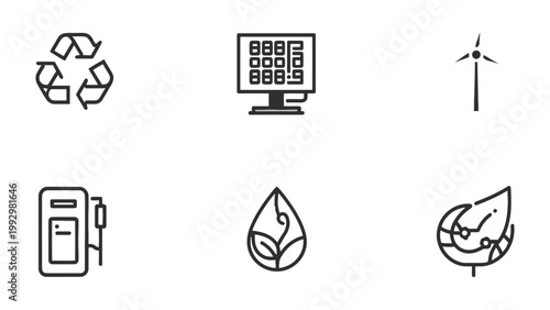 Environmental Icons: A curated collection of symbols representing sustainability and ecological balance, including recycling, solar, wind energy, and natural resource conservation. 