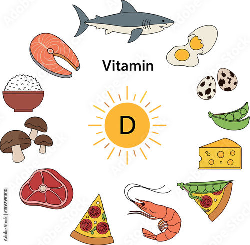 Vitamin D rich foods set with fish eggs mushrooms shrimp cheese and sun healthy nutrition vector illustration
