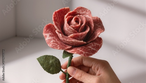 Artistic Concept of a Rose Flower Meticulously Scupltpted from Slices of Raw Wagyu Beef