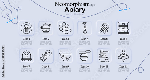 Apiary set icon. Bee emblem, hive box, honeycomb, dripping honey, honey stick, stacked hive, bee house, queen bee, bowl honey, honey dipper, flying bee, insect detail line icons