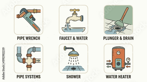 Plumbing tools and water system icon set in detailed flat illustration style