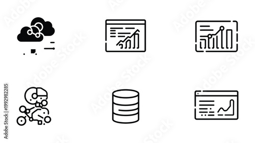 Data-driven Innovation: A minimalist arrangement of sleek, monochrome icons symbolizing the core elements of modern data analysis and technology, suitable for digital design.