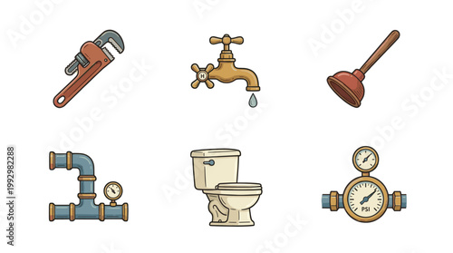 Plumbing tools and water system icon set in detailed flat illustration style