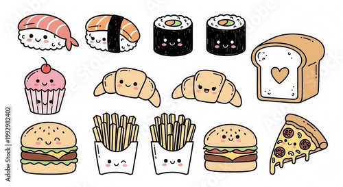 Cute Cartoon Food Collection - Sushi, Burgers, and More.