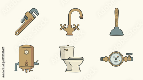 Plumbing tools and water system icon set in detailed flat illustration style