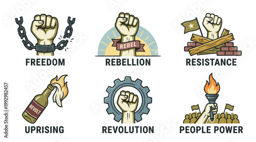 Revolution and protest symbols set in vintage hand drawn illustration style