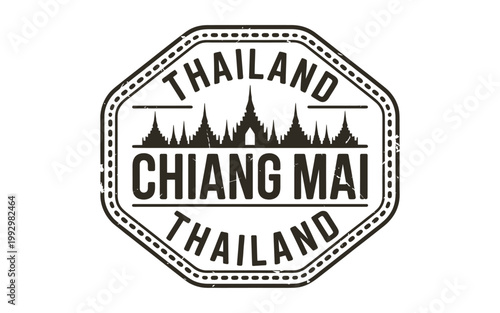Obraz na plátně Vintage stamp illustration featuring chiang mai skyline and thai lettering