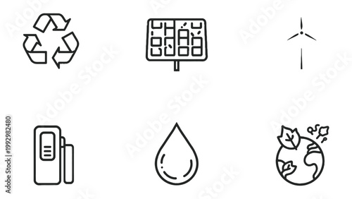 Sustainable Icon Set: A comprehensive collection of clean, linear icons representing key elements of sustainability and environmental responsibility.