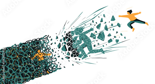 Breaking free, escaping chaos, freedom concept, vector illustration, colorful design