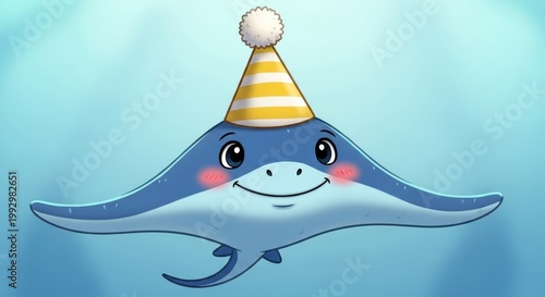 Cute Cartoon Manta Ray Wearing a Party Hat Underwater.
