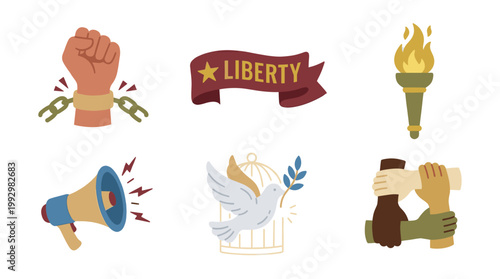 Revolution and protest symbols set in vintage hand drawn illustration style