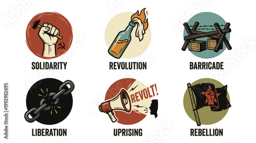 Revolution and protest symbols set in vintage hand drawn illustration style