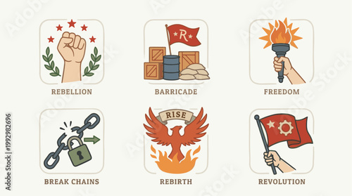 Revolution and protest symbols set in vintage hand drawn illustration style