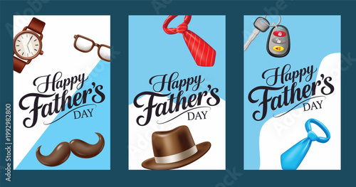 Happy Father's Day Greeting Cards Set with Necktie Summer Hat Mustache Watch and Car Key Fob
