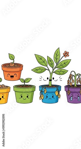 Cute Cartoon Plants in Colorful Pots with Smiling Faces.