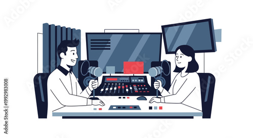Two people working at a radio station.