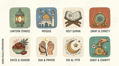 Islamic Ramadan symbols set with lantern mosque and crescent in vintage illustration style