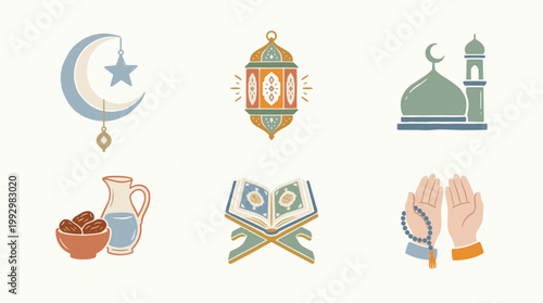Islamic Ramadan symbols set with lantern mosque and crescent in vintage illustration style