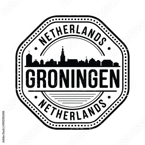 Foto Vintage stamp featuring the groningen skyline and netherlands text