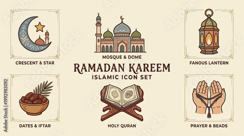 Islamic Ramadan symbols set with lantern mosque and crescent in vintage illustration style