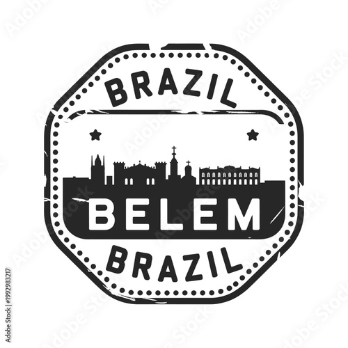 A distressed stamp featuring the cityscape of bel m brazil