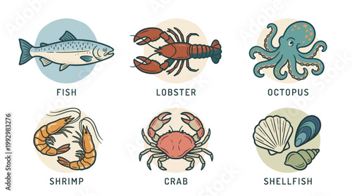 Seafood and marine animals icon set in vintage hand drawn illustration style