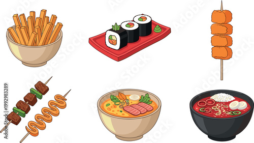 Cute Pixel Art Asian Street Food Set with Sushi, Ramen, Skewer, and Traditional Dishes for Menu and Restaurant Designs