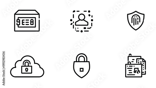 Data Security Icon Set: A collection of concise icons elegantly representing crucial aspects of data security, including encryption, personal identification, and system protection.