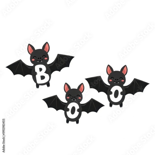 Cute Halloween Bats Spell Out Boo on White Background.