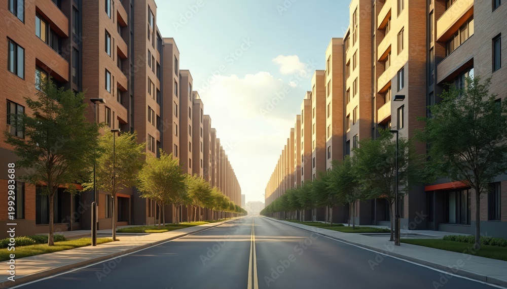Obraz premium Straight empty asphalt road lined by tall brick apartment buildings with green trees. Sunny daytime scene creates symmetrical perspective leading to the horizon.
