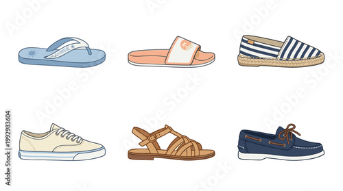Casual and summer footwear collection in vintage hand drawn illustration style