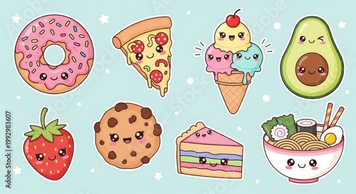 Cute Kawaii Food Cartoon Characters on Light Blue Background.