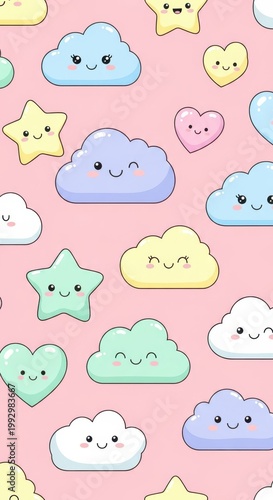 Cute Pastel Clouds, Stars, and Hearts Pattern on Pink Background.